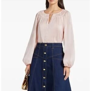 Aje Pink Silk Linen Gathered Sleeve Blouse (Small)